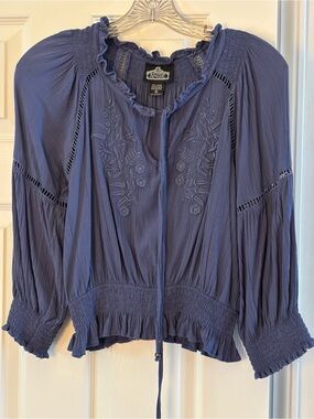 Angie Blue Embroidered Smocked Top. Size M